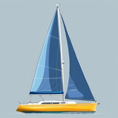 sailing boat with a blue sail and a yellow stern