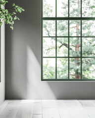 Fototapeta premium Minimalist interior design composition with natural window light and indoor plants.