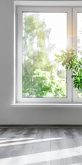 Fototapeta premium Minimalist interior design composition with natural window light and indoor plants.