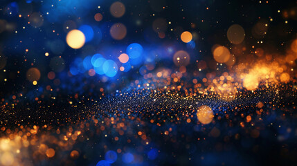 Fototapeta premium Abstract gold bokeh lights on dark blue background texture, de-focused. Abstract background with star Dark blue and gold particle. 