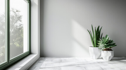 Minimalist interior design composition with natural window light and indoor plants.