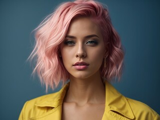 Fototapeta premium A Confident women with Pink Hair and a yellow Outfit. Generative AI