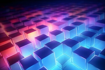  3D illustration  blue  and pink cubes. Parallelogram pattern. Technology geometry neon background, generated by AI. 3D illustration