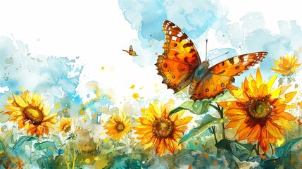 Watercolor illustration of a butterfly visiting a field of sunflowers, using bright pastel colors, hand drawn, summer atmosphere