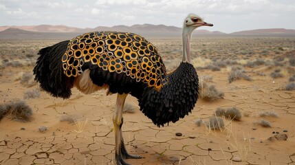 An ostrich with distinctive hexagonal feather patterns in a sparse desert.