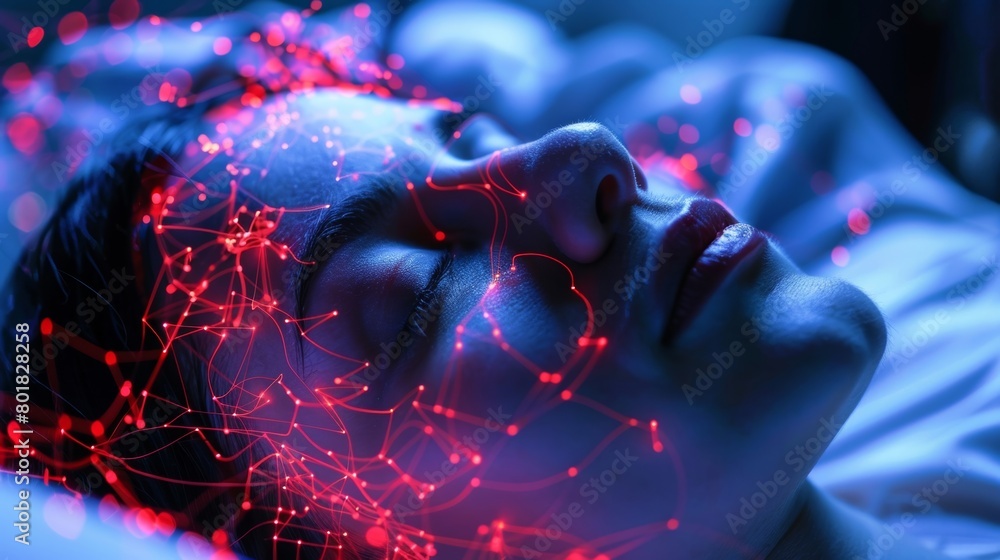 Poster a person struggling to sleep possibly due to the constant stimulation from their brain chip highligh
