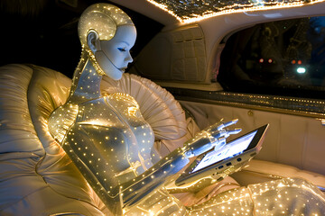 Futuristic Opulent Female Android in Luxurious Limousine - Affluent AI Humanoid Robot Showcasing Wealth and Elite Status