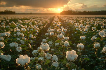 Sunset Over Cotton Field
