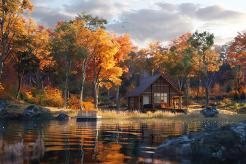Obraz premium Autumn retreat by the lake with vibrant foliage reflecting on calm waters during sunset in a serene forest setting