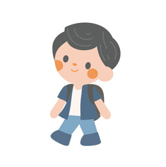 cute students going to school with backpacks. kids going to elementary. black hair boy wear blue uniform go to Kindergarten School children. vector illustration hand draw.