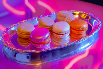 Vibrant Neon Macarons on Silver Tray