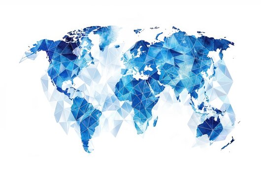 world map made of triangle polygons bright blue on white background