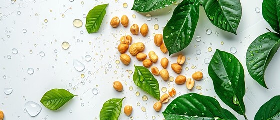 An array of Sacha Inchi peanuts assembled from dried seeds, strewn with verdant foliages over a white setting lovely nuts and space, Generative AI.
