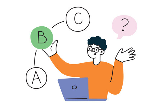 Student passing test on laptop, choosing answer on online exam at college or university, composition with flat male character, vector illustration of internet questionnaire, learning on course