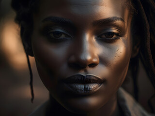 a woman with a black face and a brown background