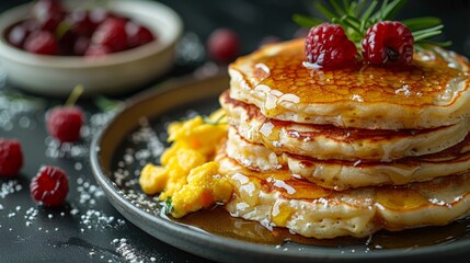 Pancakes make a delicious breakfast served with scrambled eggs and fruit and Syrup.