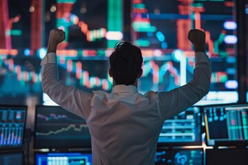 Back view of successful trader in front of stock market board