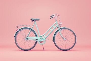A beautiful mint green bicycle is parked in a pink room. The bike has a black seat and handlebars, and white wheels.
