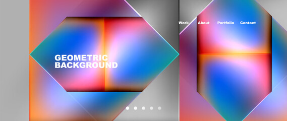 A vibrant geometric background featuring a rainbow of colors, including magenta, electric blue, and tints and shades. The visual effect lighting gives it a liquid and glasslike appearance