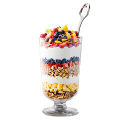Yogurt parfait layers of colorful fruit and granola with a spoon diving in capturing all