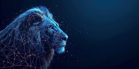 An illustration of a lion with low poly style design with a big space on blue technological backdrop for text or product advertisement, Generative AI.