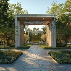 A large archway with a wooden roof and a path leading to it