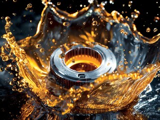Close-up of an automotive oil filter with dynamic oil splashing around it, vivid details captured.