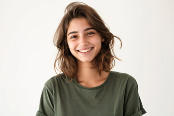 portrait of smiling woman with brown hair, wearing a green tshirt on a white background, looking at the camera in a half body shot