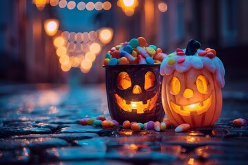 Dos linternas de calabazas de halloween sonrientes con dulces en tonos pastel en medio de la calle iluminada al anochecer. Imagen con espacio para copiar 