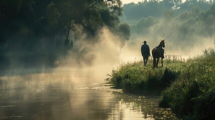 Misty Riverbank Morning with Silhouetted Horse and Rider