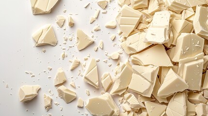 A close shot and top view of cracked white chocolate pieces on plain white backdrop with a top view and big space for text or product advertisement, Generative AI.