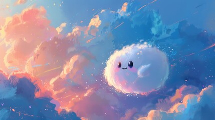 Whimsical Fluffy Cloud Creature Soaring in a Dreamy Sky