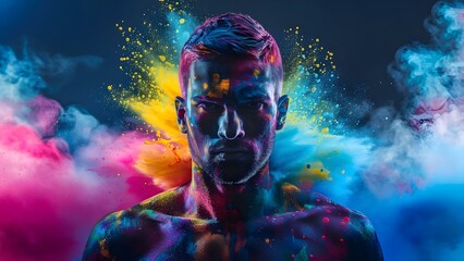 Abstract silhouette of a male athlete frozen in colorful paint explosion . Concept Abstract Art, Silhouette, Male Athlete, Colorful Paint, Explosion