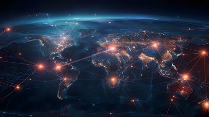 Fototapeta na wymiar Illuminated digital world map showing active trade routes and commerce hotspots . Concept Trade Routes, Commerce, Digital Map, Hotspots, Global Economy
