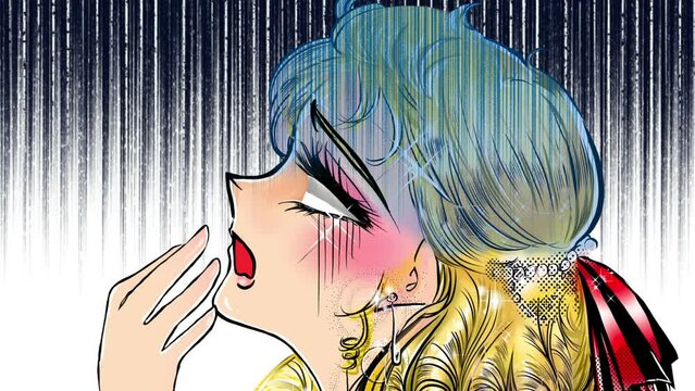 70年代の少女漫画風の若い女性が突然ショックで泣き出し、取り乱すアニメ風動画