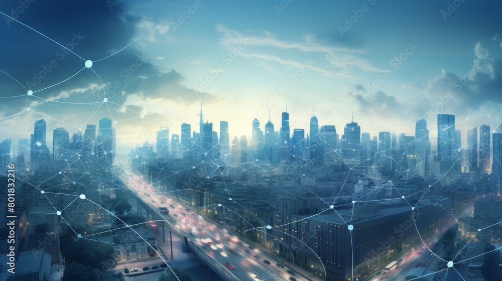Poster A bustling metropolitan cityscape with a seamless wireless network connecting its inhabitants, depicted in a photorealistic style