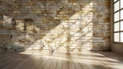 Photorealistic empty interior design with light brown stone brick wall for virtual conferences . Concept Interior Design, Stone Brick Wall, Virtual Conferences, Photorealistic, Light Brown Color
