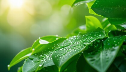 Background made of fresh green leaves with water drops. Green dynamic backdrop.