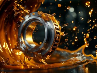 Bearing surrounded by splashing golden oil, symbolizing motion and machinery maintenance.