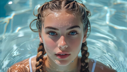 Athletic Braids Hairstyle for White Swimmer: Hydrodynamic Elegance in Sports, Aquatic Style Braided Look, Swim Chic Sports Braids for Caucasian Athlete