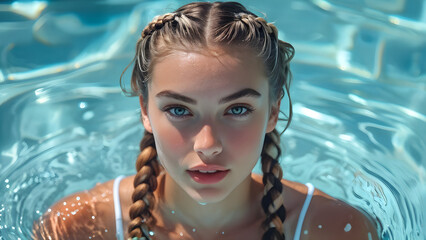 Athletic Braids Hairstyle for White Swimmer: Hydrodynamic Elegance in Sports, Aquatic Style Braided Look, Swim Chic Sports Braids for Caucasian Athlete