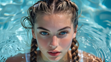 Athletic Braids Hairstyle for White Swimmer: Hydrodynamic Elegance in Sports, Aquatic Style Braided Look, Swim Chic Sports Braids for Caucasian Athlete
