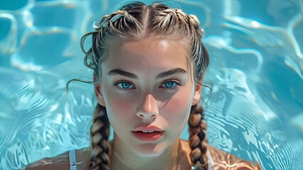 Athletic Braids Hairstyle for White Swimmer: Hydrodynamic Elegance in Sports, Aquatic Style Braided Look, Swim Chic Sports Braids for Caucasian Athlete