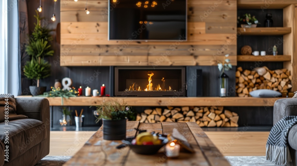 Poster the floating hearth of the fireplace is crafted from rustic wood creating a cozy and inviting atmosp
