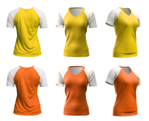 2 Set of woman yellow orange mustard Raglan tee t shirt colour block with white sleeve V neck front, back and side view on transparent background cutout, PNG file. Mockup template for artwork design