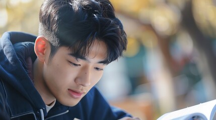 Close-up of a young handsome Korean male student studying outdoors on a university campus