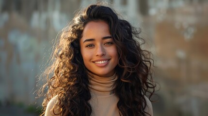 A young woman with long, dark curly hair is smiling at the camera. She is wearing a tan turtleneck blouse.