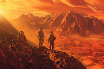 Futuristic Mars colony with astronauts exploring the red landscape, sci-fi and realistic