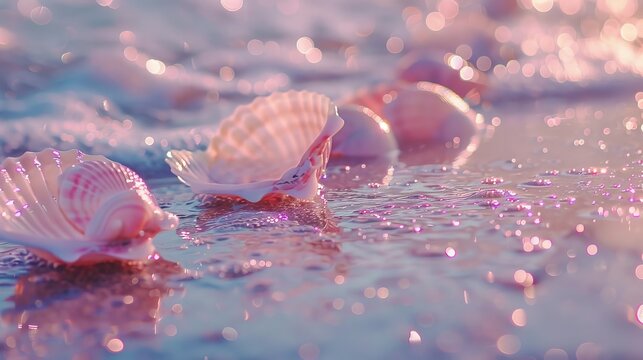 A still image from a VHS tape showing glass seashells on a glittery beach, illuminated by soft pink lighting