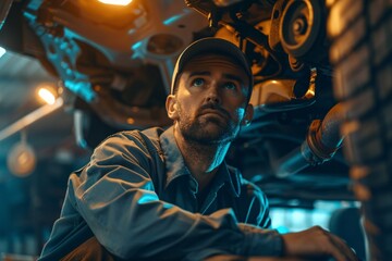 Obraz premium Male car mechanic worker working using wrench tool for repair, maintenance underneath car. Mechanic vehicle service checking under car in garage.